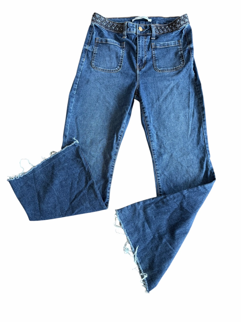 Celebrity Pink Braided Waist Flare Jeans Women’s‎ Size 13/31 Medium Wash Raw Hem